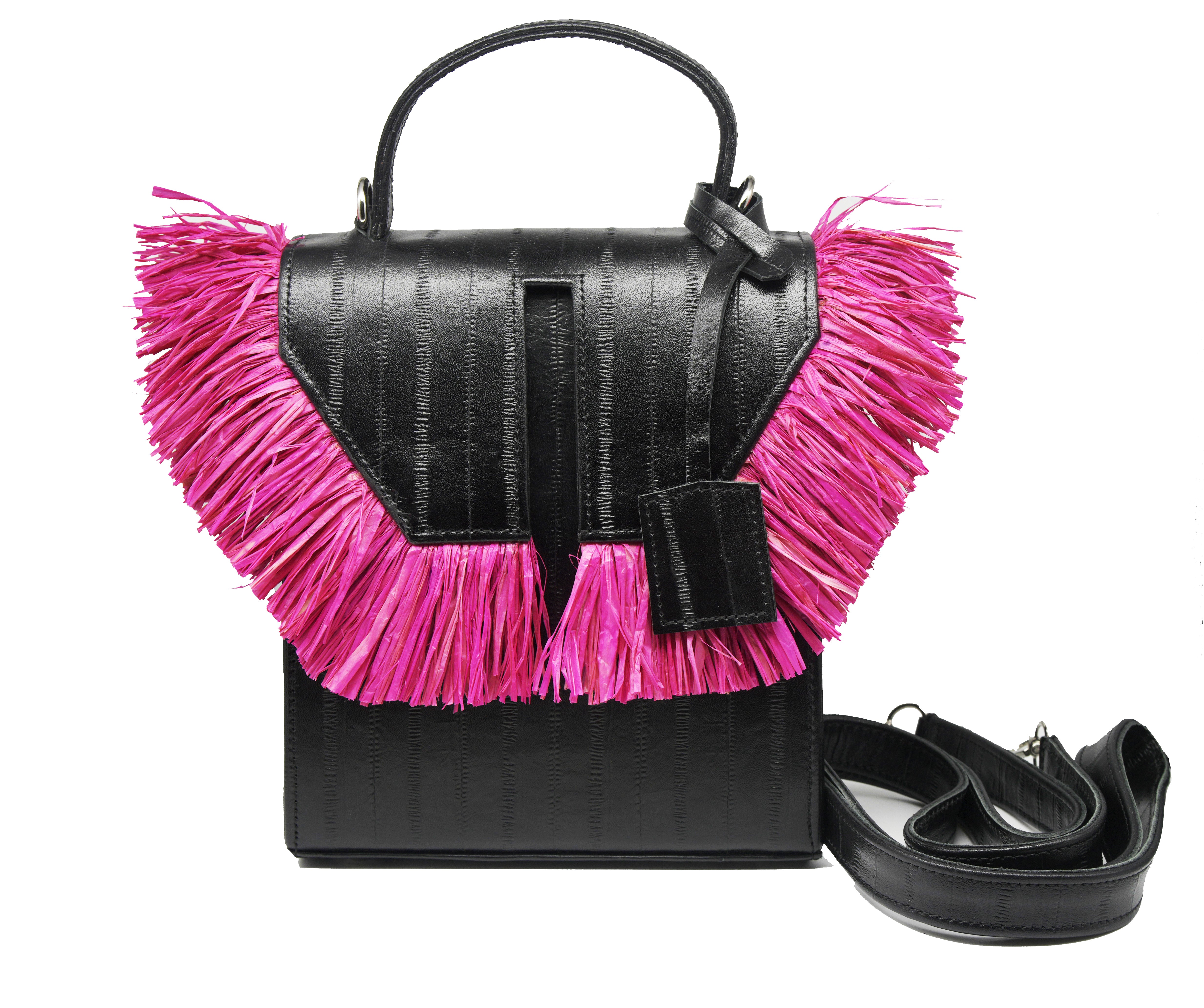 The Toks Raffia Handbag - Black and Pink