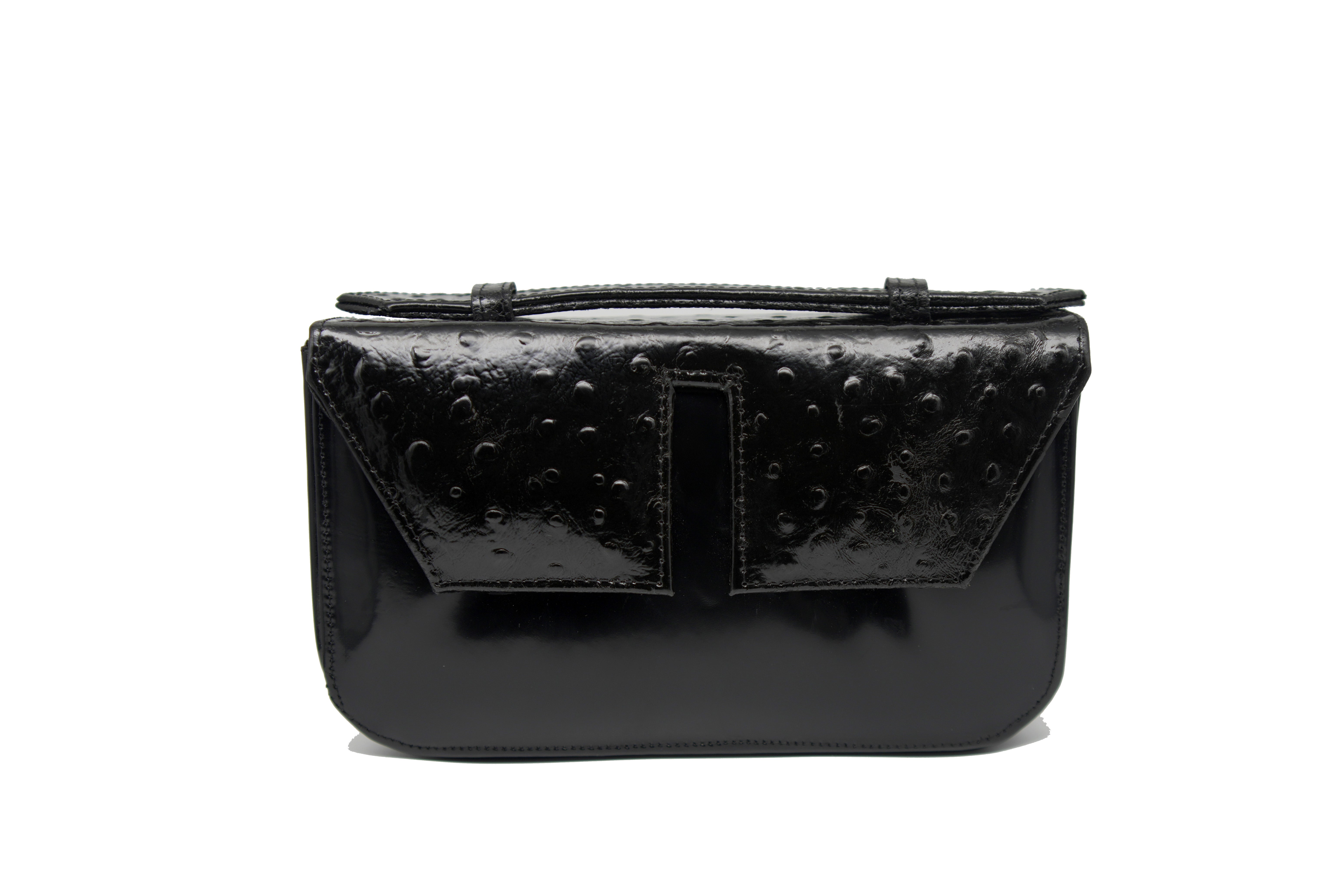 Long Split Flap Black Patent Leather Handbag